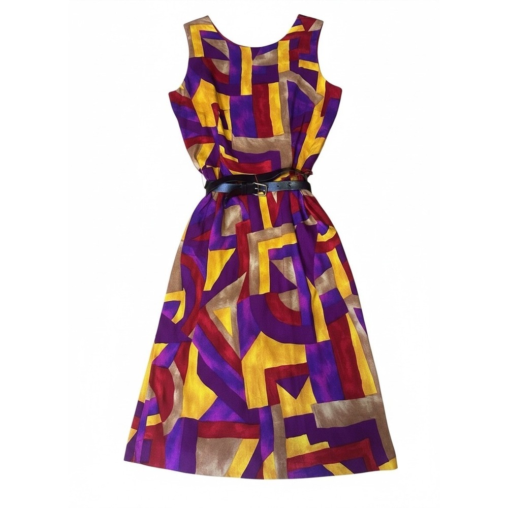 Positive Attitude Geometric Abstract Print Belted Shift Dress Purple Yellow